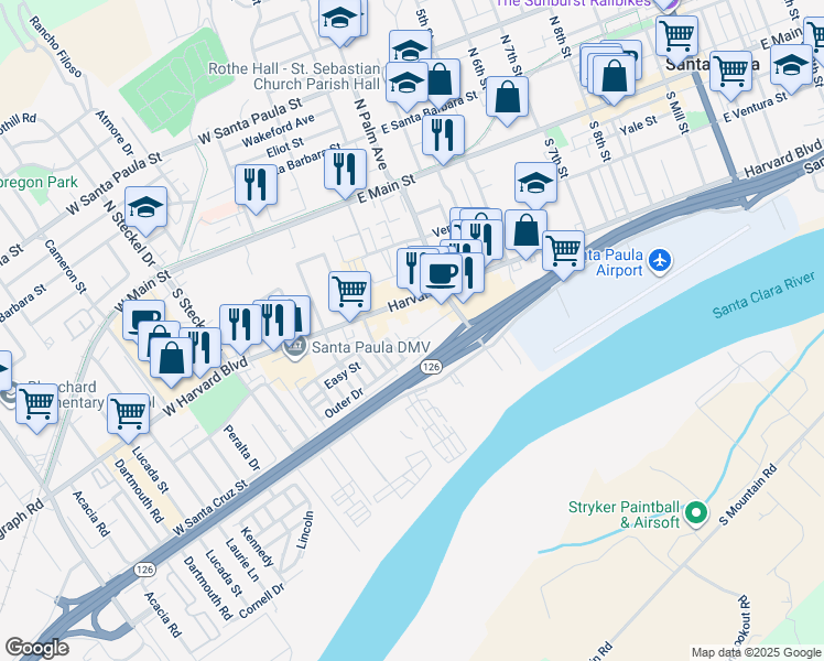 map of restaurants, bars, coffee shops, grocery stores, and more near 103 Santa Anna Street in Santa Paula
