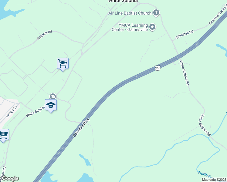 map of restaurants, bars, coffee shops, grocery stores, and more near Cornelia Highway in Gainesville