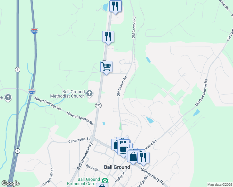 map of restaurants, bars, coffee shops, grocery stores, and more near 871 Old Canton Road in Ball Ground