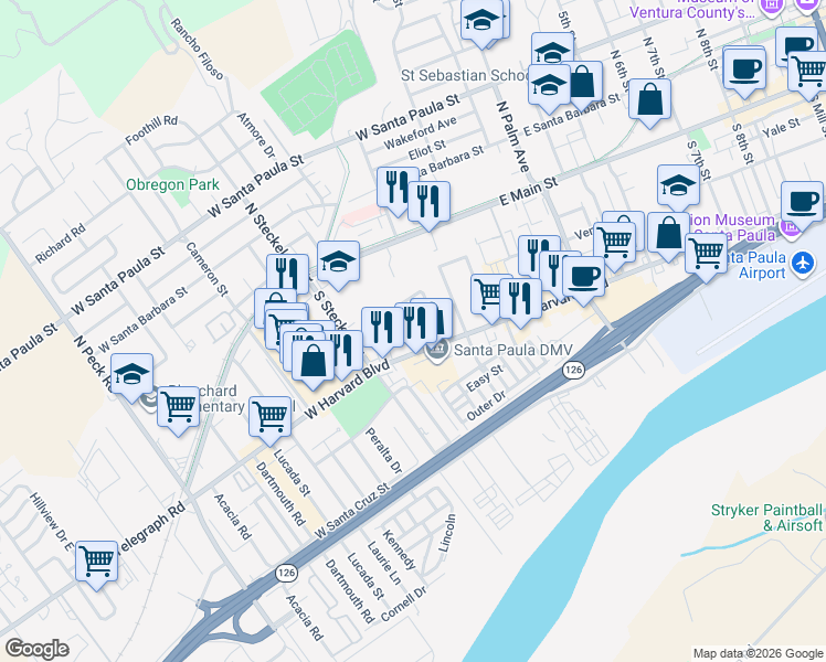 map of restaurants, bars, coffee shops, grocery stores, and more near 304 Moultrie Place in Santa Paula