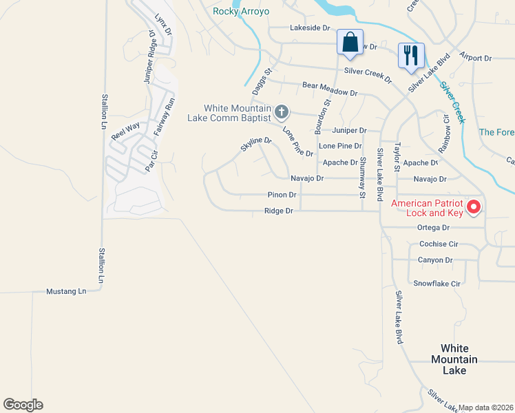 map of restaurants, bars, coffee shops, grocery stores, and more near 8306 Ridge Drive in Show Low