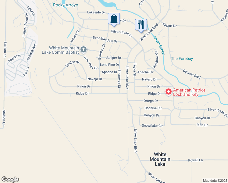 map of restaurants, bars, coffee shops, grocery stores, and more near 8378 Ridge Drive in Show Low