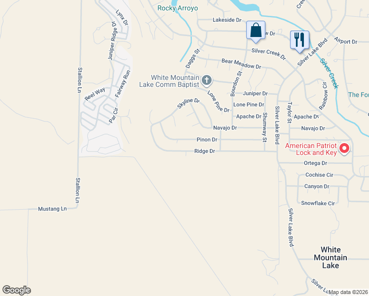 map of restaurants, bars, coffee shops, grocery stores, and more near 8306 Ridge Drive in Show Low