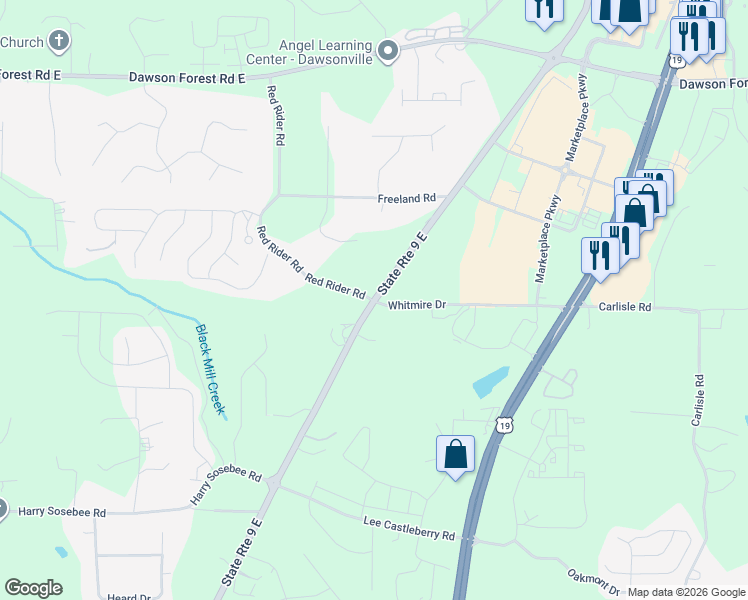 map of restaurants, bars, coffee shops, grocery stores, and more near 1902 Lumpkin Camp Ground Road South in Dawsonville