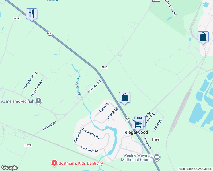 map of restaurants, bars, coffee shops, grocery stores, and more near North Carolina 87 in Riegelwood