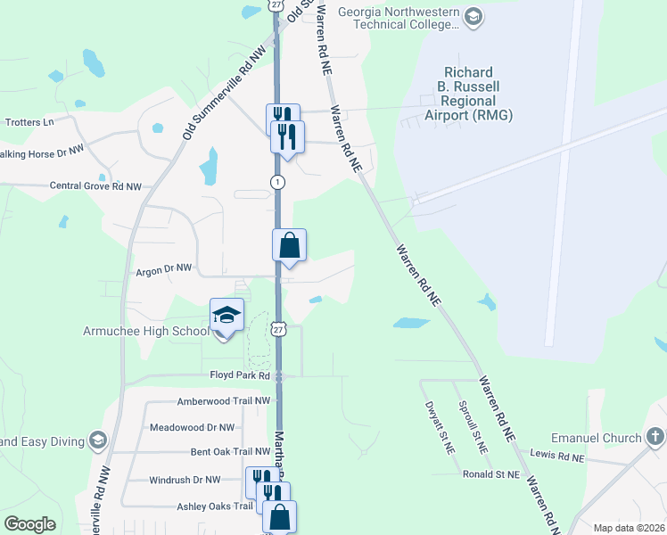 map of restaurants, bars, coffee shops, grocery stores, and more near 65 Russell Drive Northeast in Rome