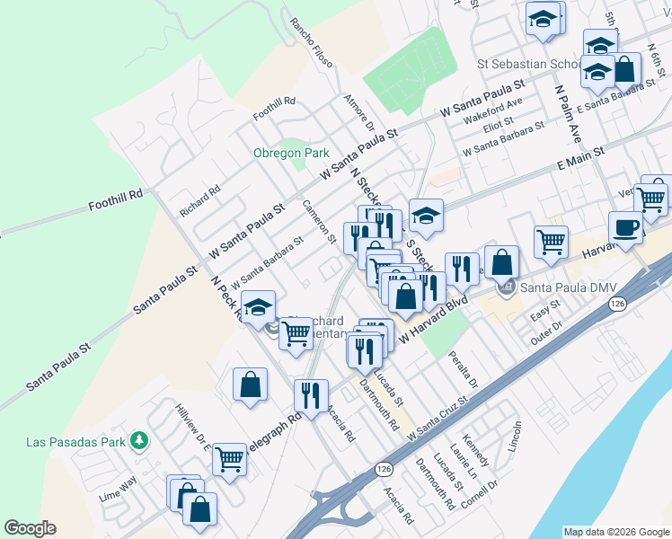 map of restaurants, bars, coffee shops, grocery stores, and more near 83 Cabrillo Court in Santa Paula