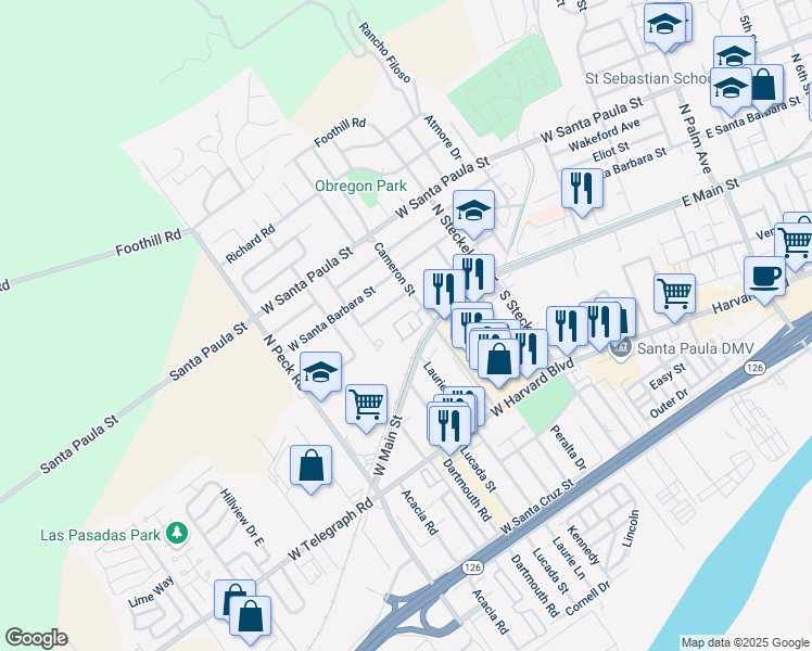 map of restaurants, bars, coffee shops, grocery stores, and more near 90 Cabrillo Court in Santa Paula