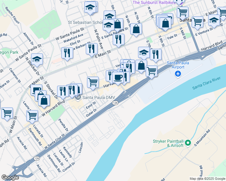 map of restaurants, bars, coffee shops, grocery stores, and more near 129 East Santa Ana Street in Santa Paula
