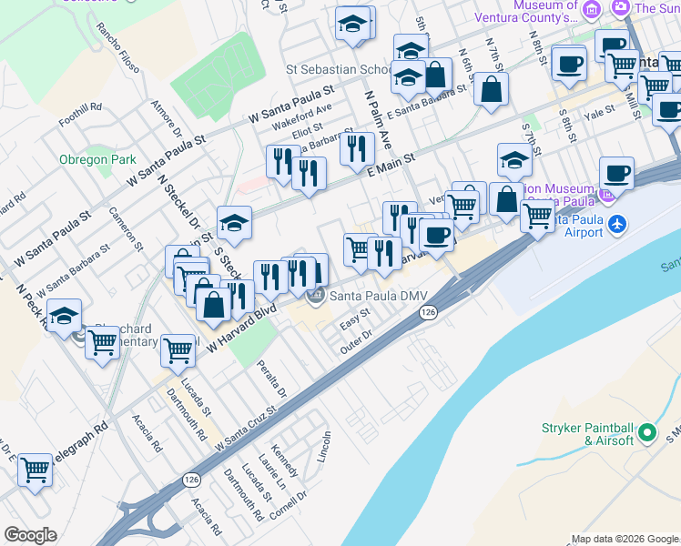 map of restaurants, bars, coffee shops, grocery stores, and more near 239 Craig Drive in Santa Paula