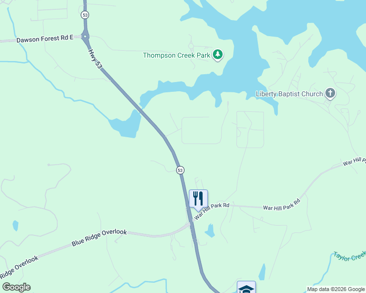 map of restaurants, bars, coffee shops, grocery stores, and more near 112 Sundown Drive in Dawsonville