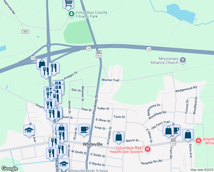 map of restaurants, bars, coffee shops, grocery stores, and more near 5 Liberty Ct in Whiteville