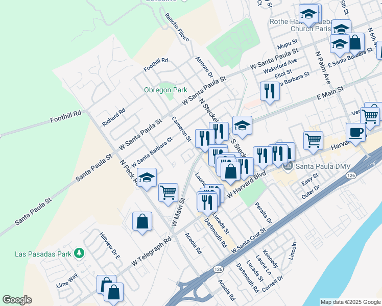 map of restaurants, bars, coffee shops, grocery stores, and more near 90 Bahia Circle in Santa Paula