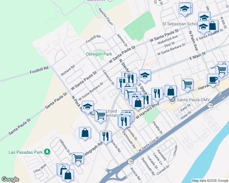 map of restaurants, bars, coffee shops, grocery stores, and more near 90 Bahia Circle in Santa Paula