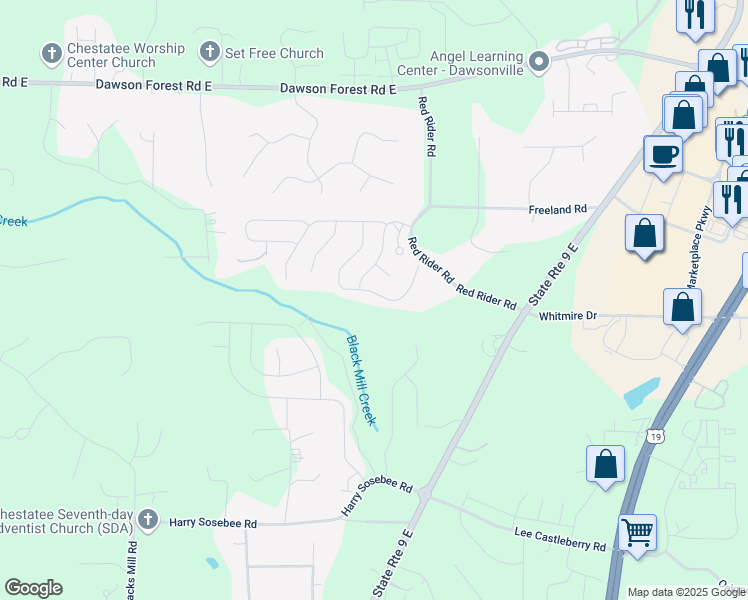 map of restaurants, bars, coffee shops, grocery stores, and more near 266 Maple Brook Drive in Dawsonville