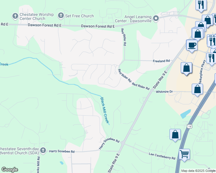 map of restaurants, bars, coffee shops, grocery stores, and more near 266 Maple Brook Drive in Dawsonville