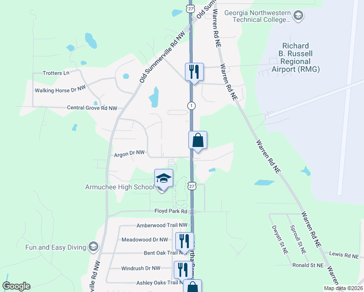 map of restaurants, bars, coffee shops, grocery stores, and more near 30 Walenda Drive Northwest in Rome