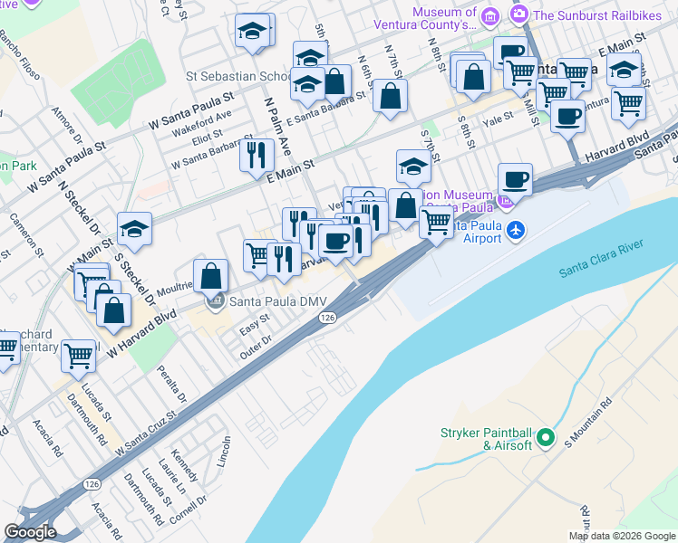map of restaurants, bars, coffee shops, grocery stores, and more near 310 South Palm Avenue in Santa Paula