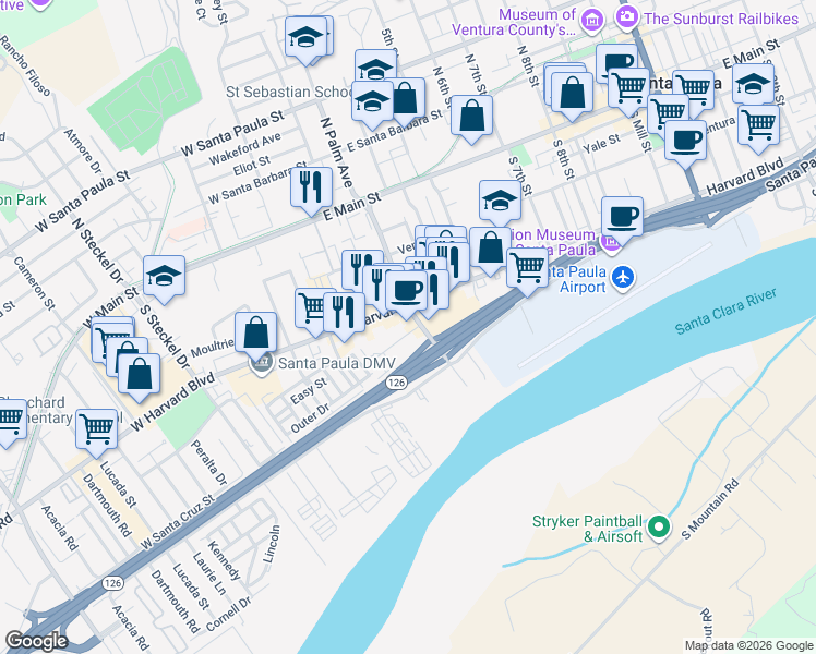 map of restaurants, bars, coffee shops, grocery stores, and more near 310 South Palm Avenue in Santa Paula
