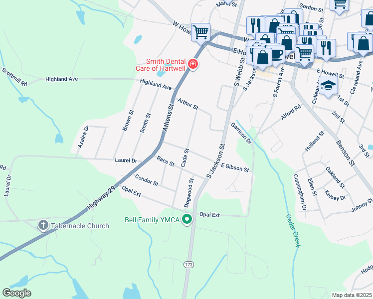 map of restaurants, bars, coffee shops, grocery stores, and more near 199 Cade St in Hartwell