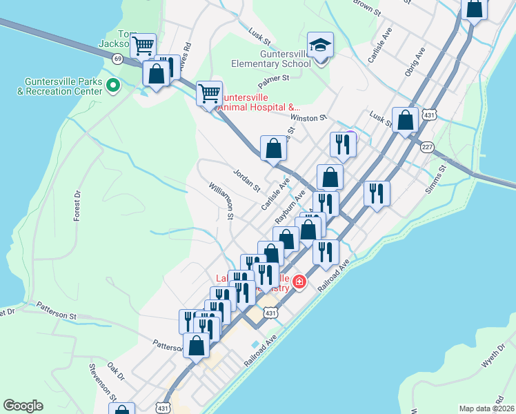 map of restaurants, bars, coffee shops, grocery stores, and more near 1902 Jordan Street in Guntersville