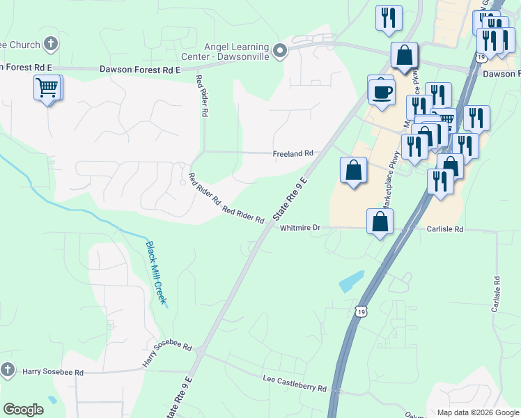 map of restaurants, bars, coffee shops, grocery stores, and more near 601 Red Rider Road in Dawsonville