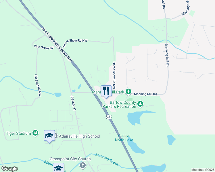 map of restaurants, bars, coffee shops, grocery stores, and more near 29 Horse Show Road Northwest in Adairsville