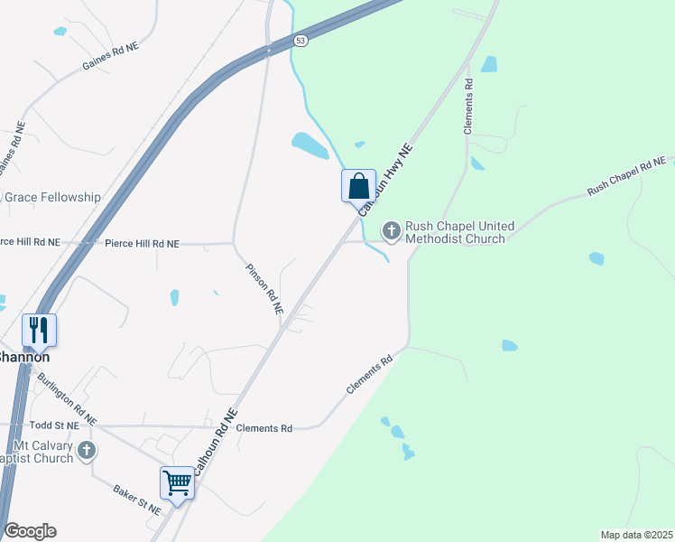 map of restaurants, bars, coffee shops, grocery stores, and more near 4976 Calhoun Road Northeast in Rome