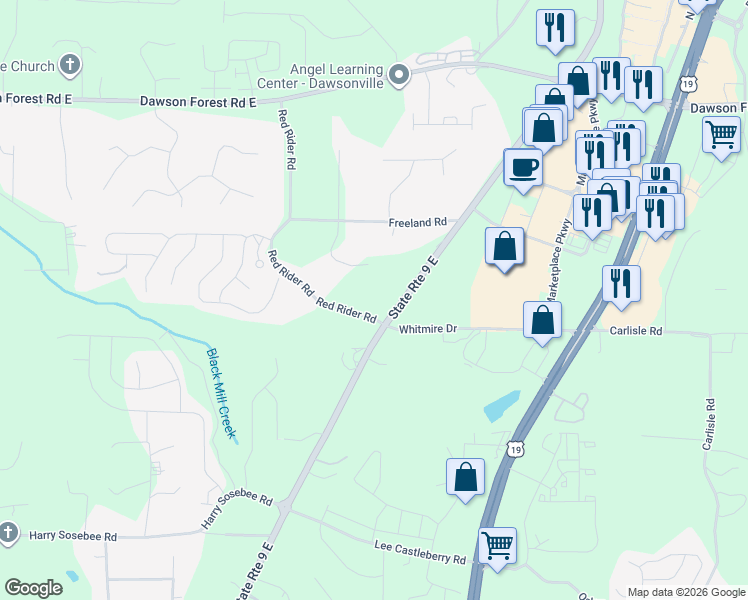 map of restaurants, bars, coffee shops, grocery stores, and more near 601 Red Rider Rd in Dawsonville