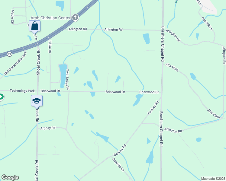 map of restaurants, bars, coffee shops, grocery stores, and more near 1015 Briarwood Drive in Arab
