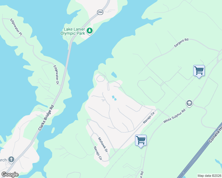 map of restaurants, bars, coffee shops, grocery stores, and more near 3085 The Lake Road in Gainesville