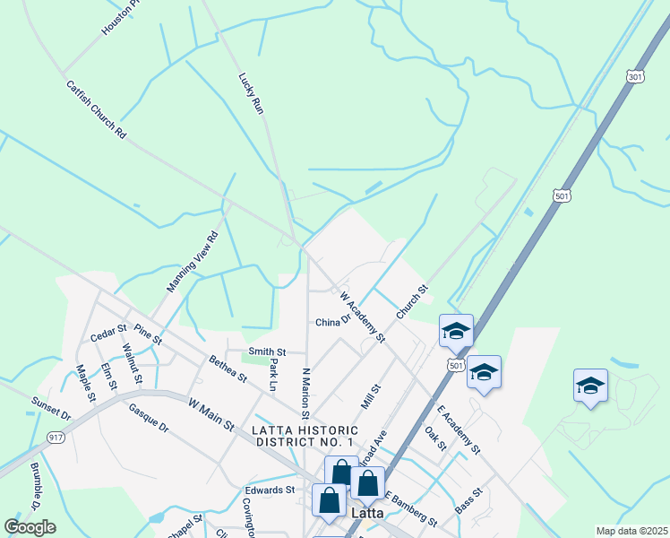 map of restaurants, bars, coffee shops, grocery stores, and more near 504 West Academy Street in Latta