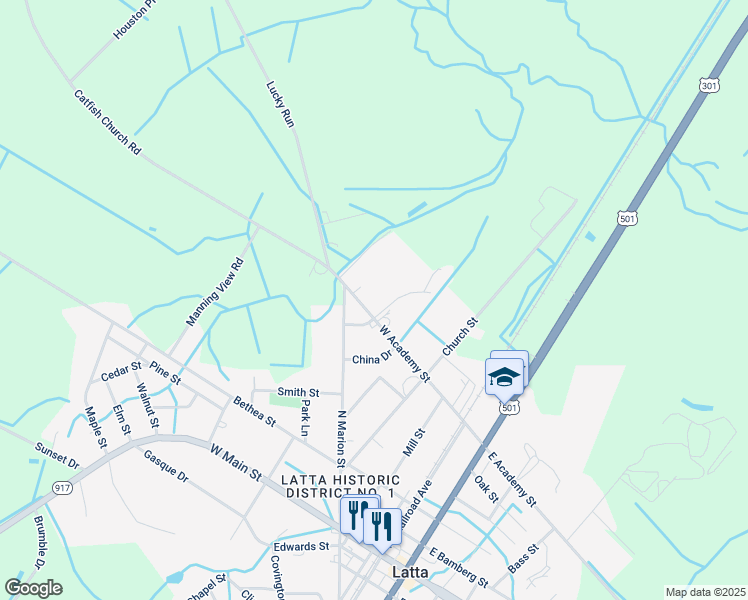 map of restaurants, bars, coffee shops, grocery stores, and more near 504 West Academy Street in Latta