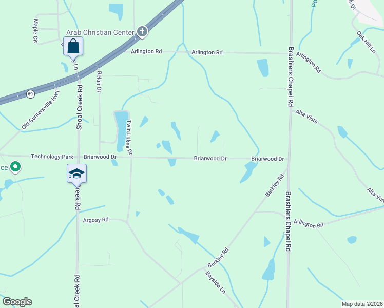 map of restaurants, bars, coffee shops, grocery stores, and more near 1015 Briarwood Drive in Arab