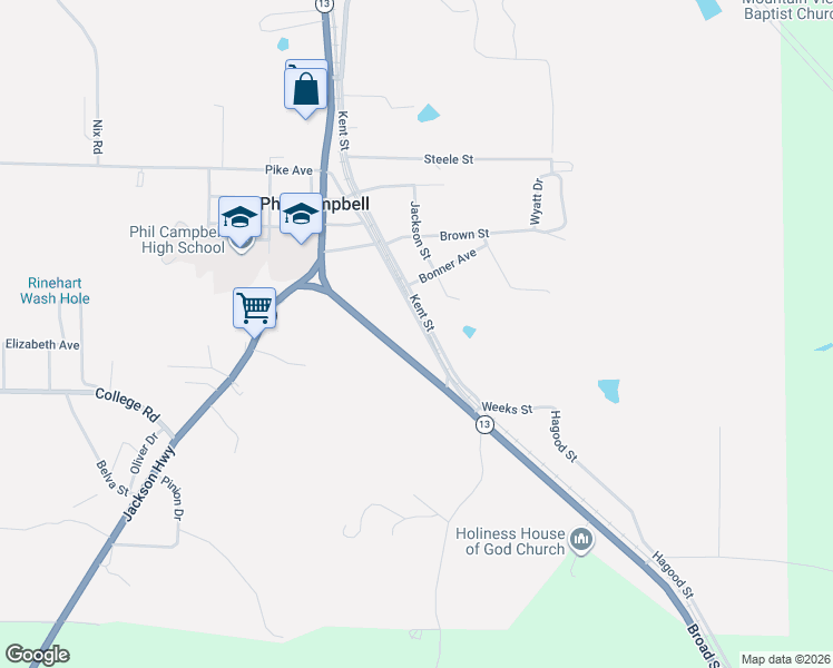 map of restaurants, bars, coffee shops, grocery stores, and more near 12 Kent Street in Phil Campbell