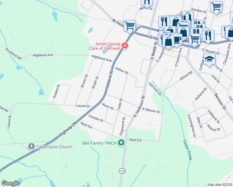 map of restaurants, bars, coffee shops, grocery stores, and more near 216 West Gibson Street in Hartwell