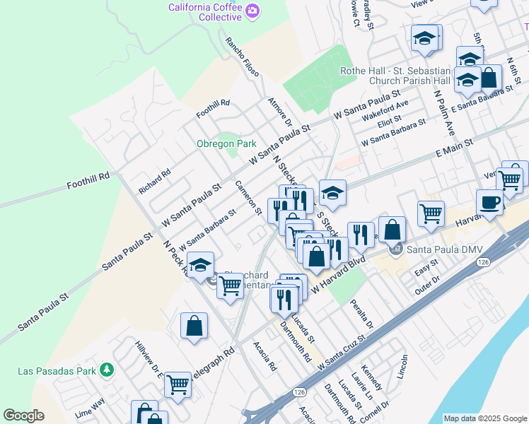 map of restaurants, bars, coffee shops, grocery stores, and more near 133 Cameron Street in Santa Paula