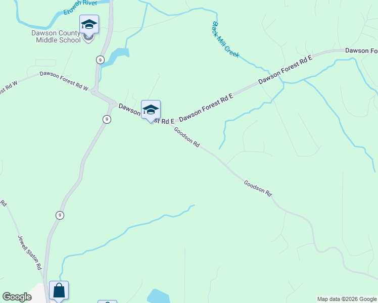 map of restaurants, bars, coffee shops, grocery stores, and more near 174 Goodson Road in Dawsonville