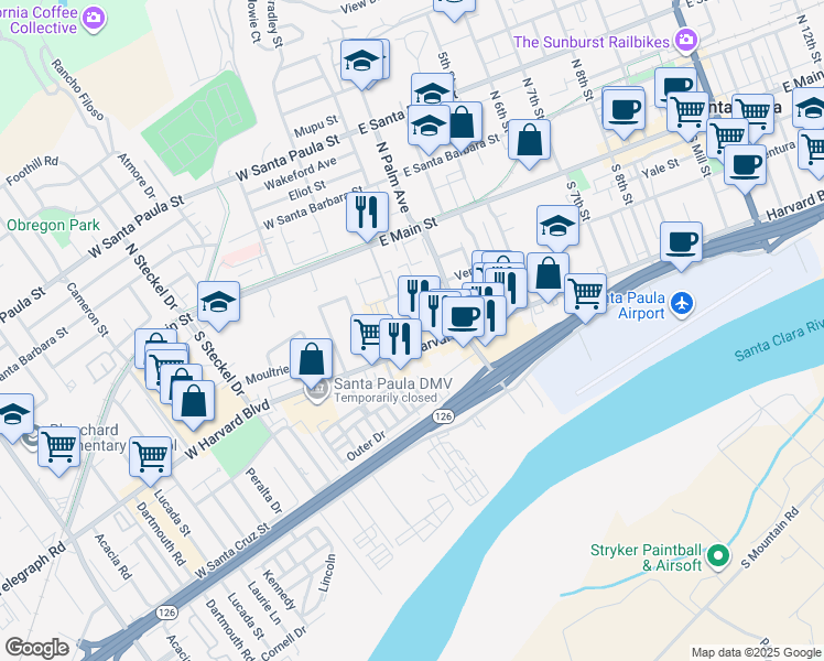 map of restaurants, bars, coffee shops, grocery stores, and more near 114 East Ventura Street in Santa Paula