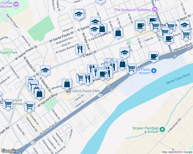 map of restaurants, bars, coffee shops, grocery stores, and more near 125b Harvard Boulevard in Santa Paula