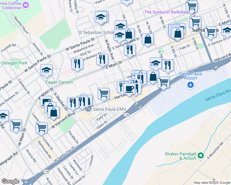 map of restaurants, bars, coffee shops, grocery stores, and more near 114 East Ventura Street in Santa Paula