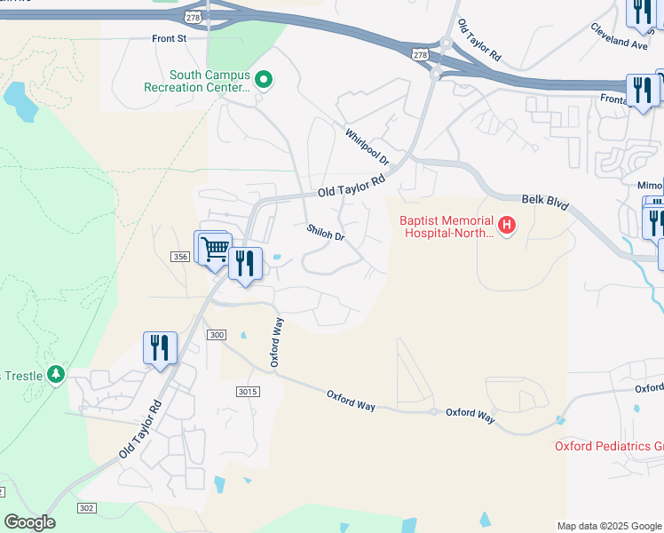 map of restaurants, bars, coffee shops, grocery stores, and more near 437 Beauregard Circle in Oxford