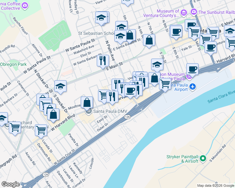 map of restaurants, bars, coffee shops, grocery stores, and more near 125b Harvard Boulevard in Santa Paula