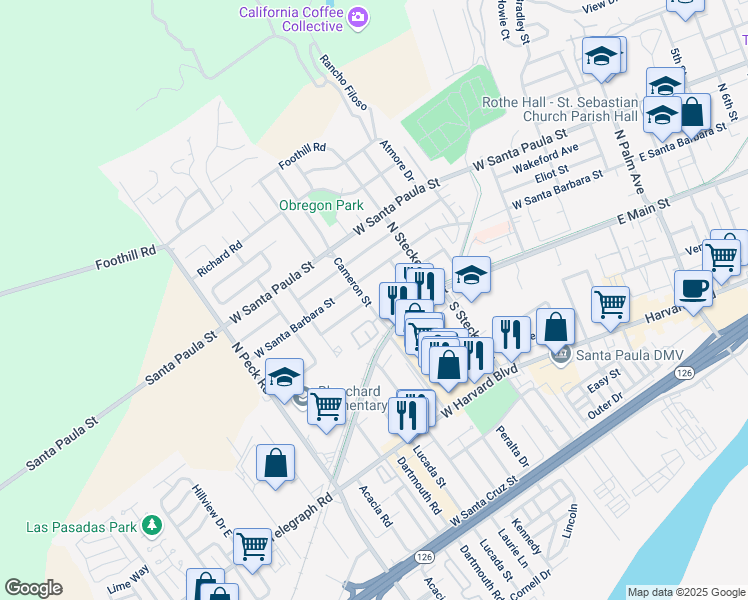 map of restaurants, bars, coffee shops, grocery stores, and more near 133 Cameron Street in Santa Paula