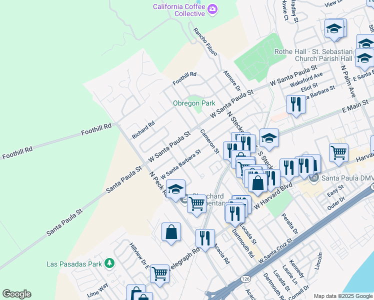map of restaurants, bars, coffee shops, grocery stores, and more near 674 Center Lane in Santa Paula