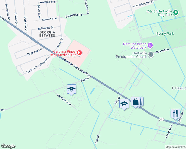 map of restaurants, bars, coffee shops, grocery stores, and more near 1200 West Bobo Newsom Highway in Hartsville
