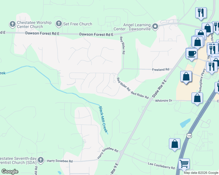 map of restaurants, bars, coffee shops, grocery stores, and more near Dandelion Court in Dawson County