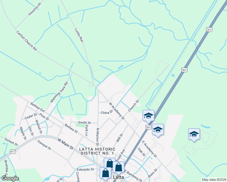 map of restaurants, bars, coffee shops, grocery stores, and more near 504 West Academy Street in Latta