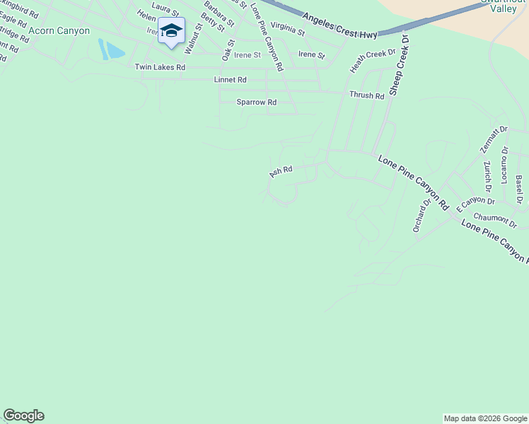 map of restaurants, bars, coffee shops, grocery stores, and more near 1756 Ash Road in Wrightwood