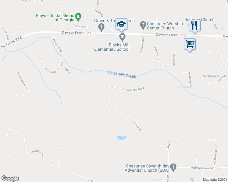map of restaurants, bars, coffee shops, grocery stores, and more near 65 Blacks Mill Trce West in Dawsonville